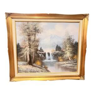 R Thomas Oil Painting On Canvas Waterfall Mountain River Pine Trees Forest 25x29